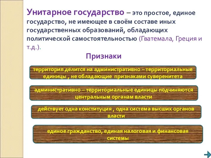 Унитарное государство – это простое, единое государство, не имеющее в