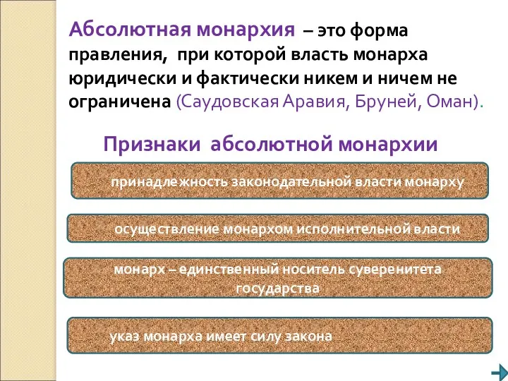 Абсолютная монархия – это форма правления, при которой власть монарха