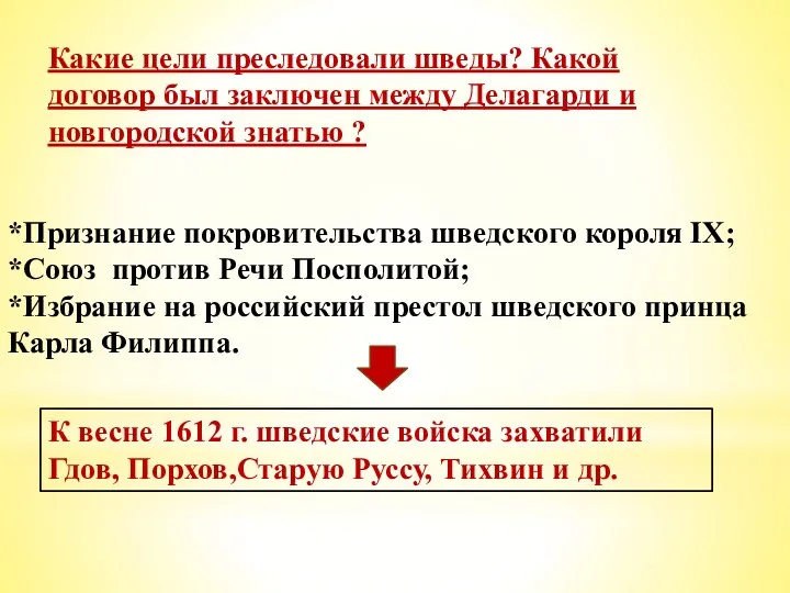 Какие цели преследовали шведы? Какой договор был заключен между Делагарди