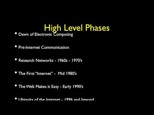 High Level Phases Dawn of Electronic Computing Pre-Internet Communication Research Networks - 1960s
