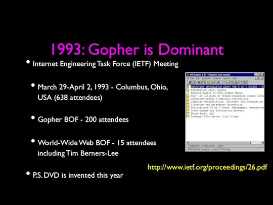 1993: Gopher is Dominant Internet Engineering Task Force (IETF) Meeting March 29-April 2,