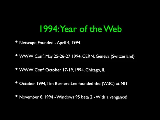 1994: Year of the Web Netscape Founded - April 4, 1994 WWW Conf:
