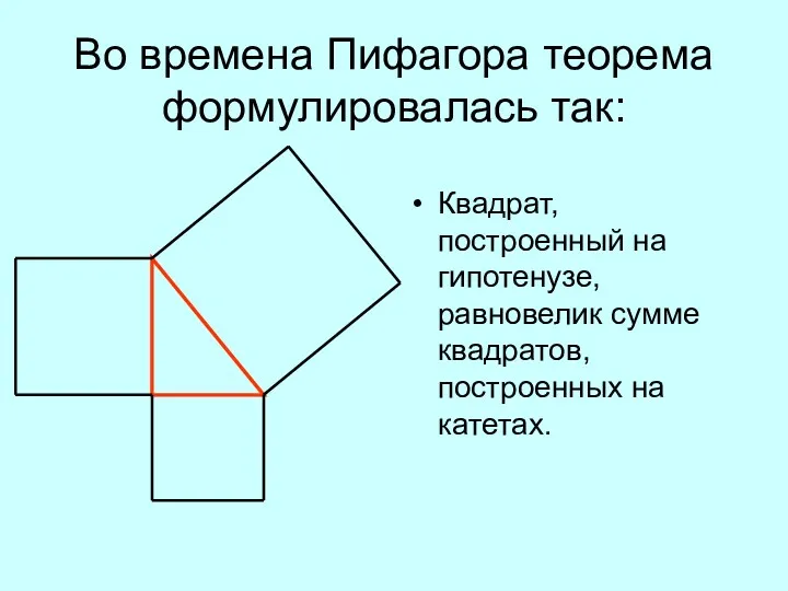 Во времена Пифагора теорема формулировалась так: Квадрат, построенный на гипотенузе, равновелик сумме квадратов, построенных на катетах.