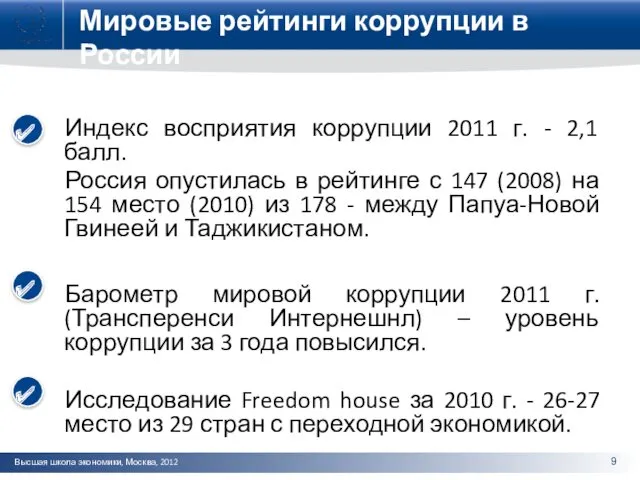 Мировые рейтинги коррупции в России Индекс восприятия коррупции 2011 г.