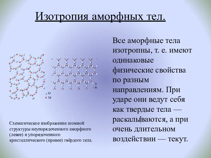 Изотропия аморфных тел. Все аморфные тела изотропны, т. е. имеют