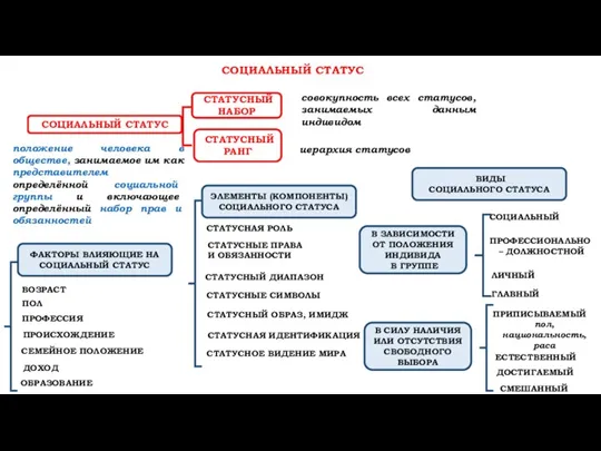 СОЦИАЛЬНЫЙ СТАТУС СОЦИАЛЬНЫЙ СТАТУС совокупность всех статусов, занимаемых данным индивидом