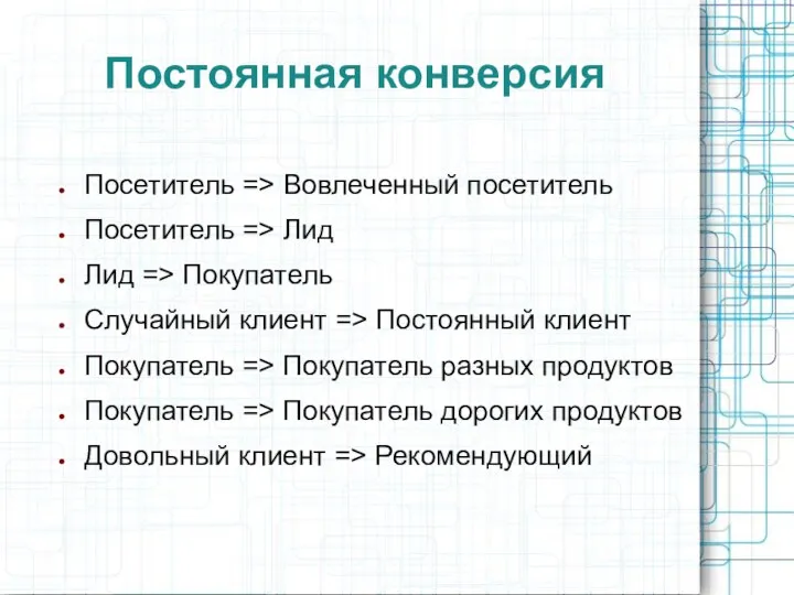 Постоянная конверсия Посетитель => Вовлеченный посетитель Посетитель => Лид Лид