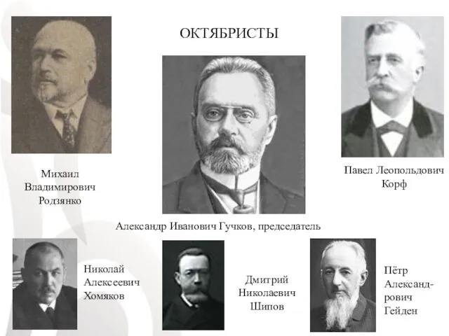 ОКТЯБРИСТЫ Михаил Владимирович Родзянко Александр Иванович Гучков, председатель Дмитрий Николаевич