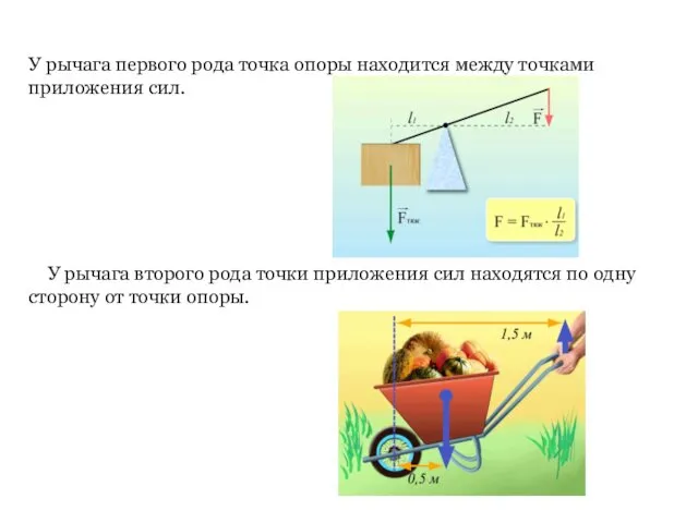 У рычага первого рода точка опоры находится между точками приложения сил. У рычага