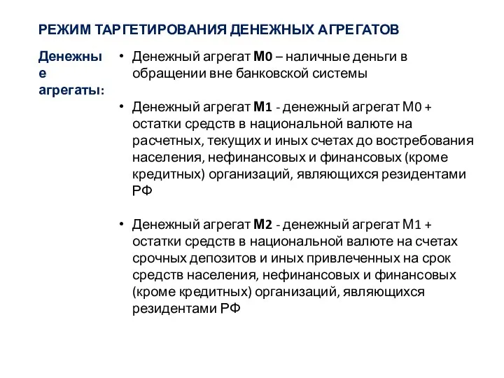 Денежный агрегат М0 – наличные деньги в обращении вне банковской