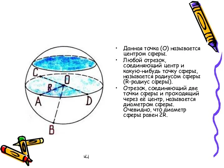 Данная точка (О) называется центром сферы. Любой отрезок, соединяющий центр