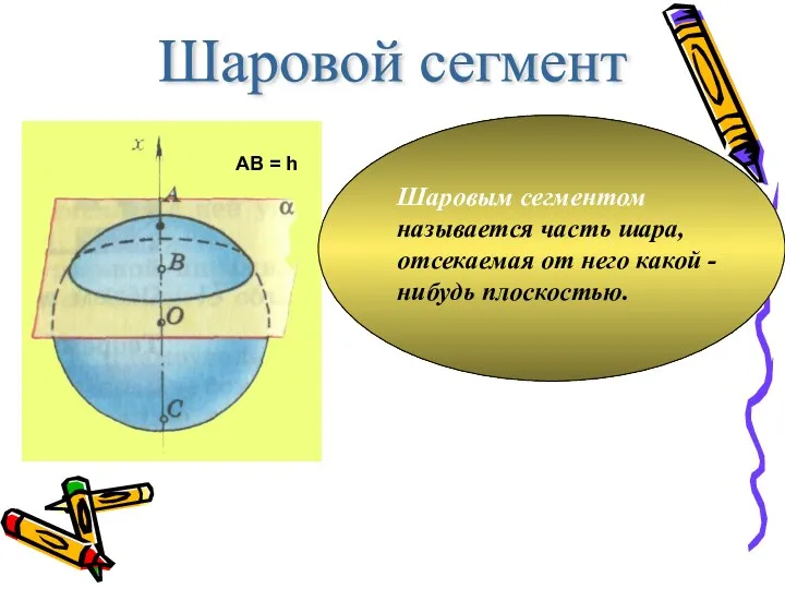 Шаровой сегмент Шаровым сегментом называется часть шара, отсекаемая от него какой - нибудь плоскостью.