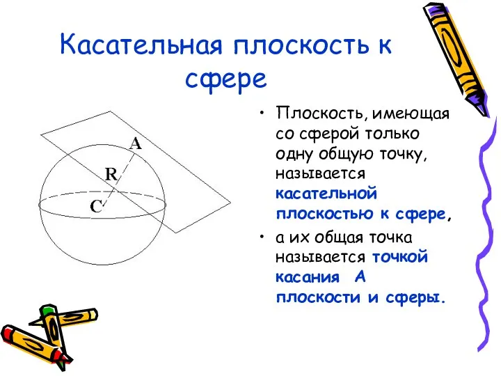 Касательная плоскость к сфере Плоскость, имеющая со сферой только одну