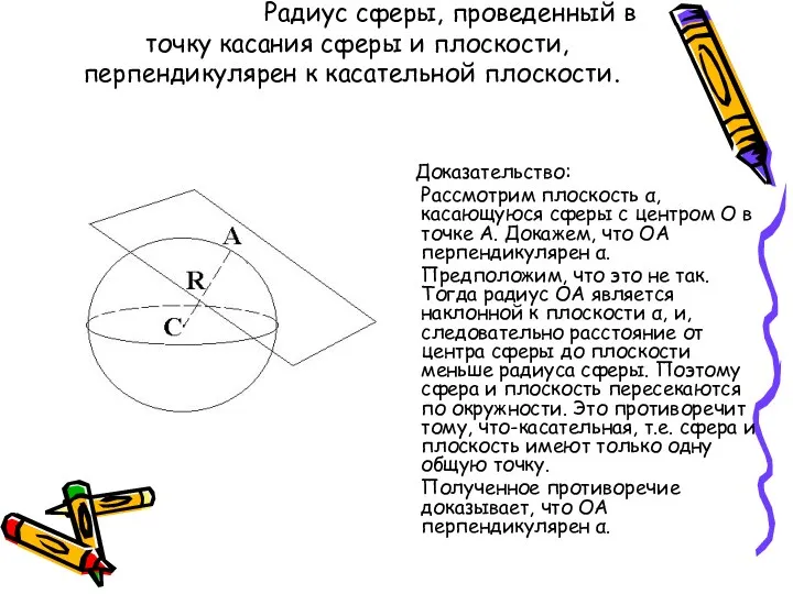 Теорема: Радиус сферы, Радиус сферы, проведенный в точку касания сферы