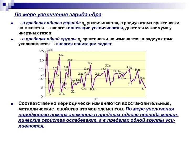 По мере увеличение заряда ядра - в пределах одного периода