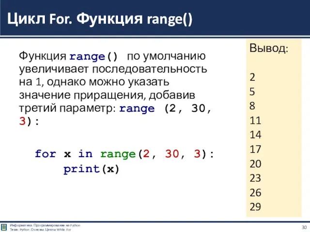 Функция range() по умолчанию увеличивает последовательность на 1, однако можно