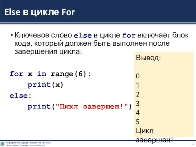 Ключевое слово else в цикле for включает блок кода, который