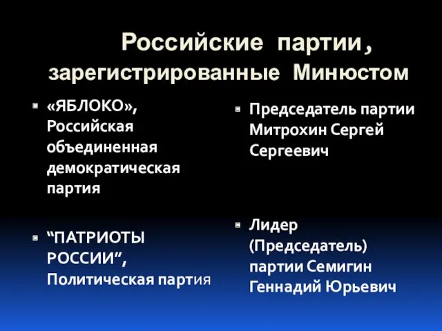 Российские партии, зарегистрированные Минюстом «ЯБЛОКО», Российская объединенная демократическая партия “ПАТРИОТЫ РОССИИ”, Политическая партия