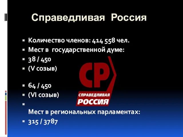 Справедливая Россия Количество членов: 414 558 чел. Мест в государственной думе: 38 /