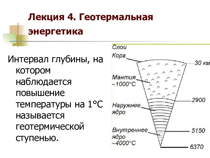 Лекция 4. Геотермальная энергетика Интервал глубины, на котором наблюдается повышение температуры на 1°С называется геотермической ступенью.