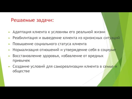 Решаемые задачи: Адаптация клиента к условиям его реальной жизни Реабилитация и выведение клиента