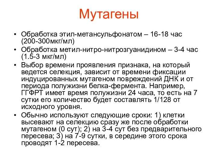 Мутагены Обработка этил-метансульфонатом – 16-18 час (200-300мкг/мл) Обработка метил-нитро-нитрозгуанидином –