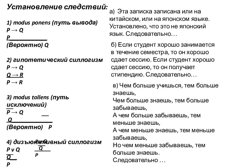 Установление следствий: 1) modus ponens (путь вывода) P → Q