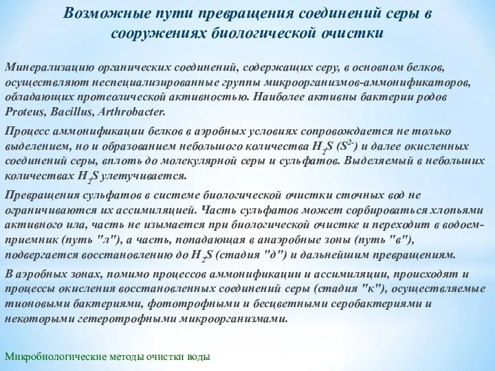 Микробиологические методы очистки воды Возможные пути превращения соединений серы в