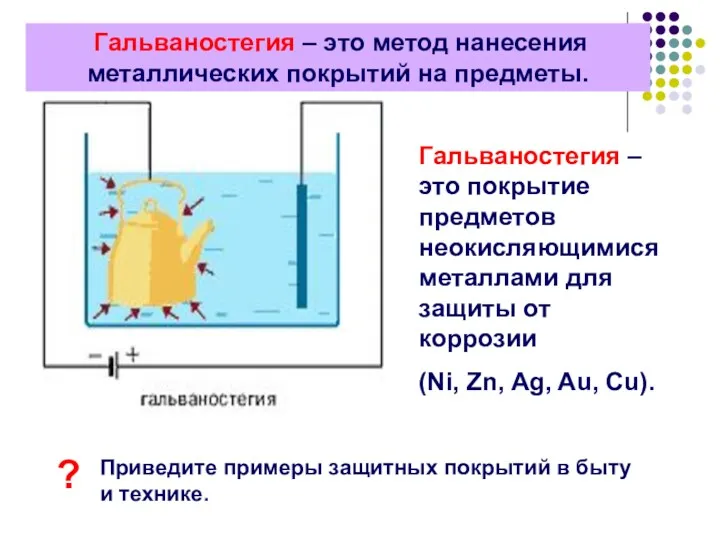 Гальваностегия – это метод нанесения металлических покрытий на предметы. Гальваностегия