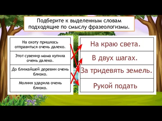 Подберите к выделенным словам подходящие по смыслу фразеологизмы. На краю света. В двух