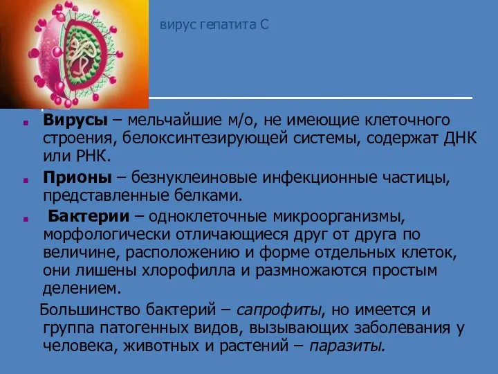 вирус гепатита С Вирусы – мельчайшие м/о, не имеющие клеточного