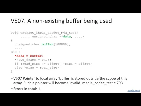 V507. A non-existing buffer being used void extract_input_aacdec_m4a_test( ...., unsigned