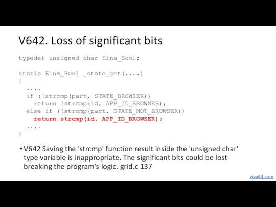 V642. Loss of significant bits V642 Saving the 'strcmp' function