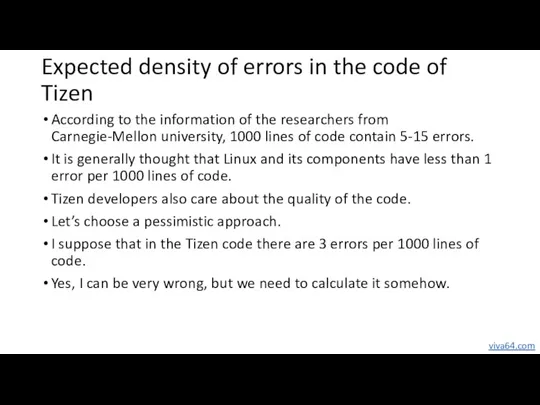 Expected density of errors in the code of Tizen According