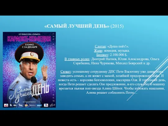 «САМЫЙ ЛУЧШИЙ ДЕНЬ» (2015) Слоган: «Душа поёт!». Жанр: комедия, музыка.