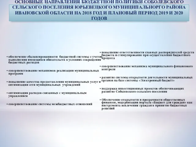 ОСНОВНЫЕ НАПРАВЛЕНИЯ БЮДЖЕТНОЙ ПОЛИТИКИ СОБОЛЕВСКОГО СЕЛЬСКОГО ПОСЕЛЕНИЯ ЮРЬЕВЕЦКОГО МУНИЦИПАЛЬНОРГО РАЙОНА