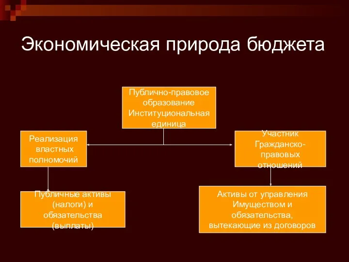 Экономическая природа бюджета Публично-правовое образование Институциональная единица Реализация властных полномочий