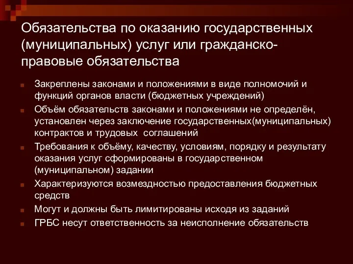 Обязательства по оказанию государственных (муниципальных) услуг или гражданско-правовые обязательства Закреплены