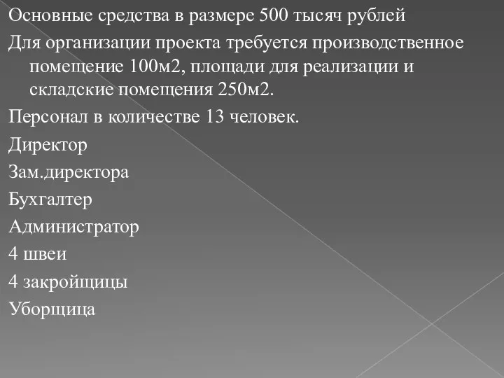 Основные средства в размере 500 тысяч рублей Для организации проекта требуется производственное помещение