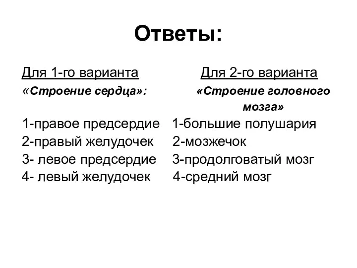 Ответы: Для 1-го варианта Для 2-го варианта «Строение сердца»: «Строение