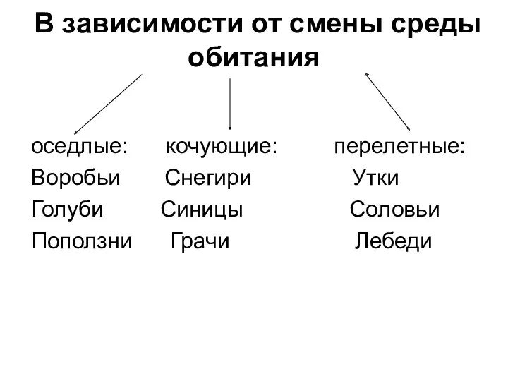 В зависимости от смены среды обитания оседлые: кочующие: перелетные: Воробьи