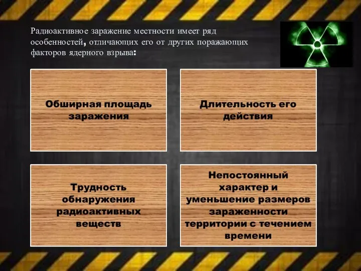 Радиоактивное заражение местности имеет ряд особенностей, отличающих его от других поражающих факторов ядерного взрыва: