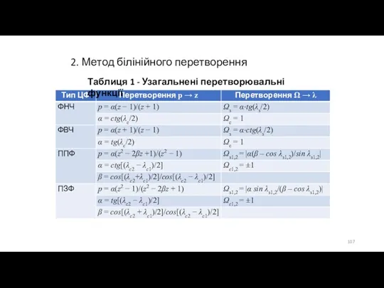 2. Метод білінійного перетворення Таблиця 1 - Узагальнені перетворювальні функції