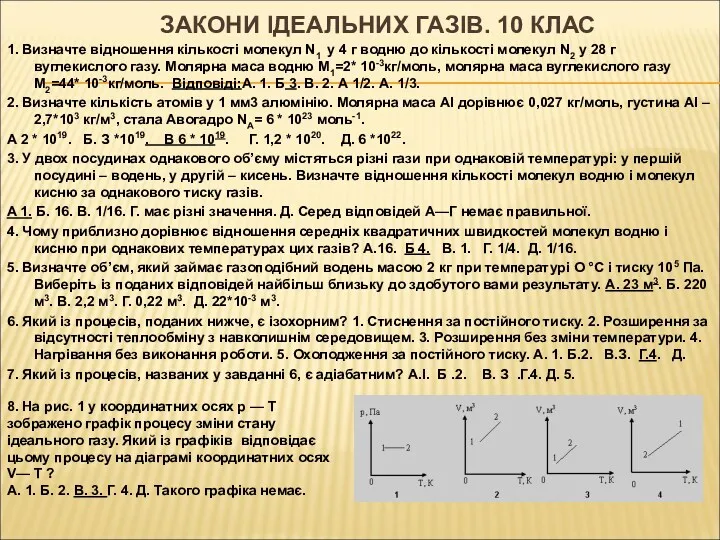 ЗАКОНИ ІДЕАЛЬНИХ ГАЗІВ. 10 КЛАС 1. Визначте відношення кількості молекул N1 у 4