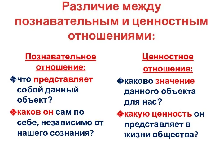 Различие между познавательным и ценностным отношениями: Познавательное отношение: что представляет