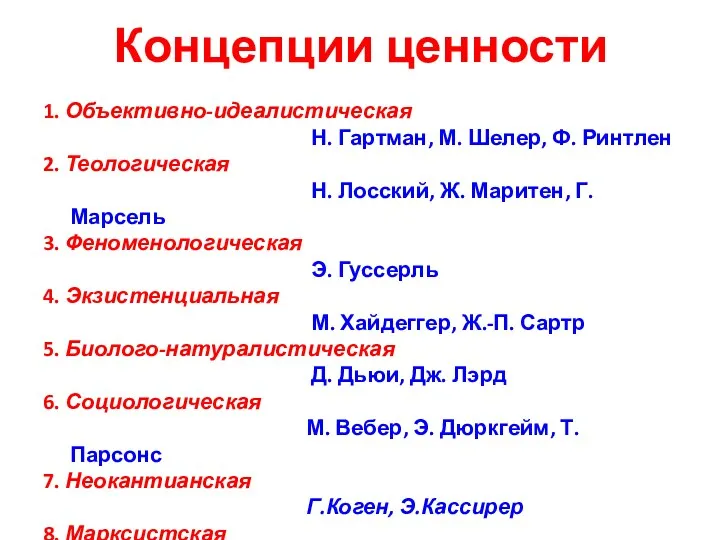 Концепции ценности 1. Объективно-идеалистическая Н. Гартман, М. Шелер, Ф. Ринтлен