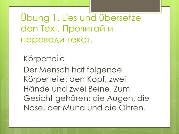 Übung 1. Lies und übersetze den Text. Прочитай и переведи текст. Körperteile Der