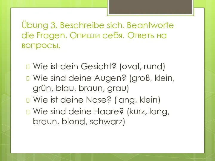 Übung 3. Beschreibe sich. Beantworte die Fragen. Опиши себя. Ответь