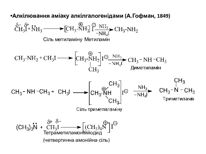Алкілювання аміаку алкілгалогенідами (А.Гофман, 1849) Сіль метиламіну Метиламін Тетраметиламоніййодид (четвертинна амонійна сіль)