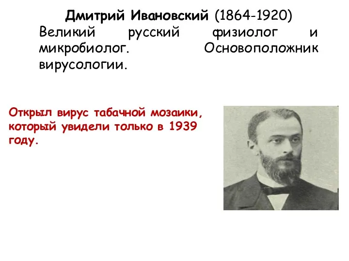 Дмитрий Ивановский (1864-1920) Великий русский физиолог и микробиолог. Основоположник вирусологии.